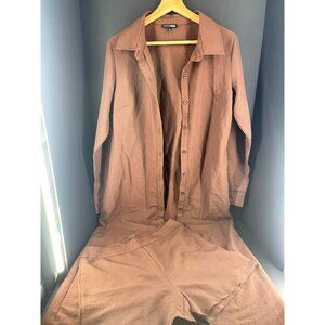Fashion Nova Womens 2-Piece Brown Maxi Shirt Dress & Shorts Set L Polyester